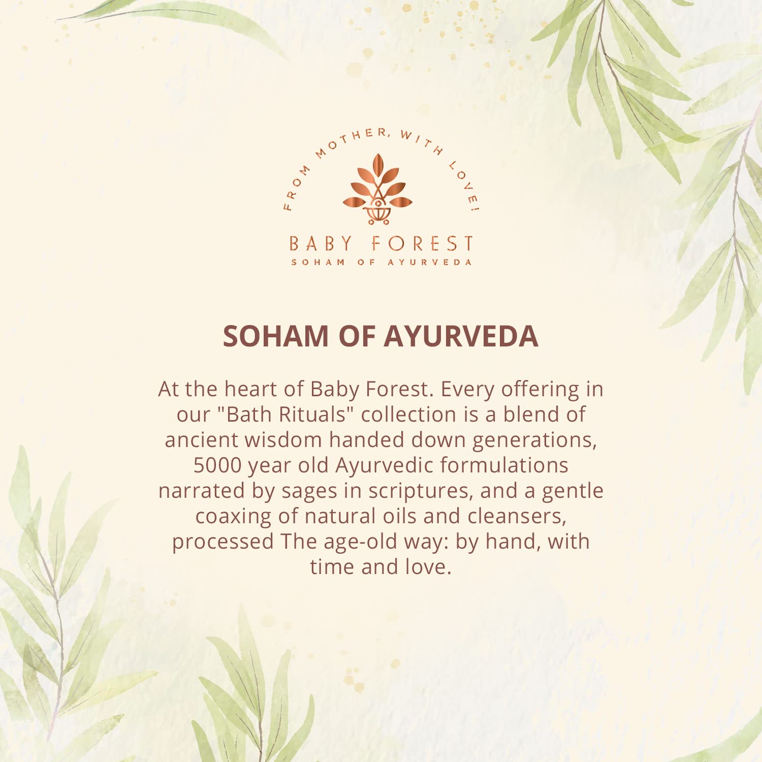 Baby Forest Soham of Ayurveda advertisement with text and green leaf designs on a light background