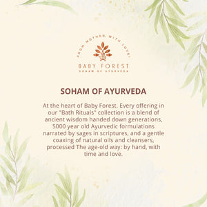 Baby Forest Soham of Ayurveda advertisement with text and green leaf designs on a light background