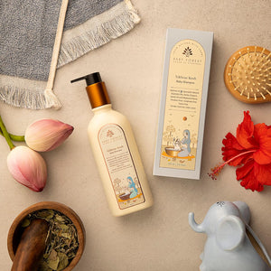 Baby Forest Baby shampoo bottle with packaging, flowers, and a mortar on a beige surface