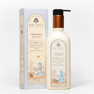 Baby Forest shampoo bottle and packaging on a beige background