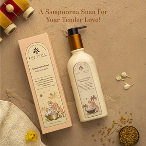 Baby forest sampoorna snan bottle and box on a beige background with text 'A Sampoorna Snan For Your Tender Love!'.