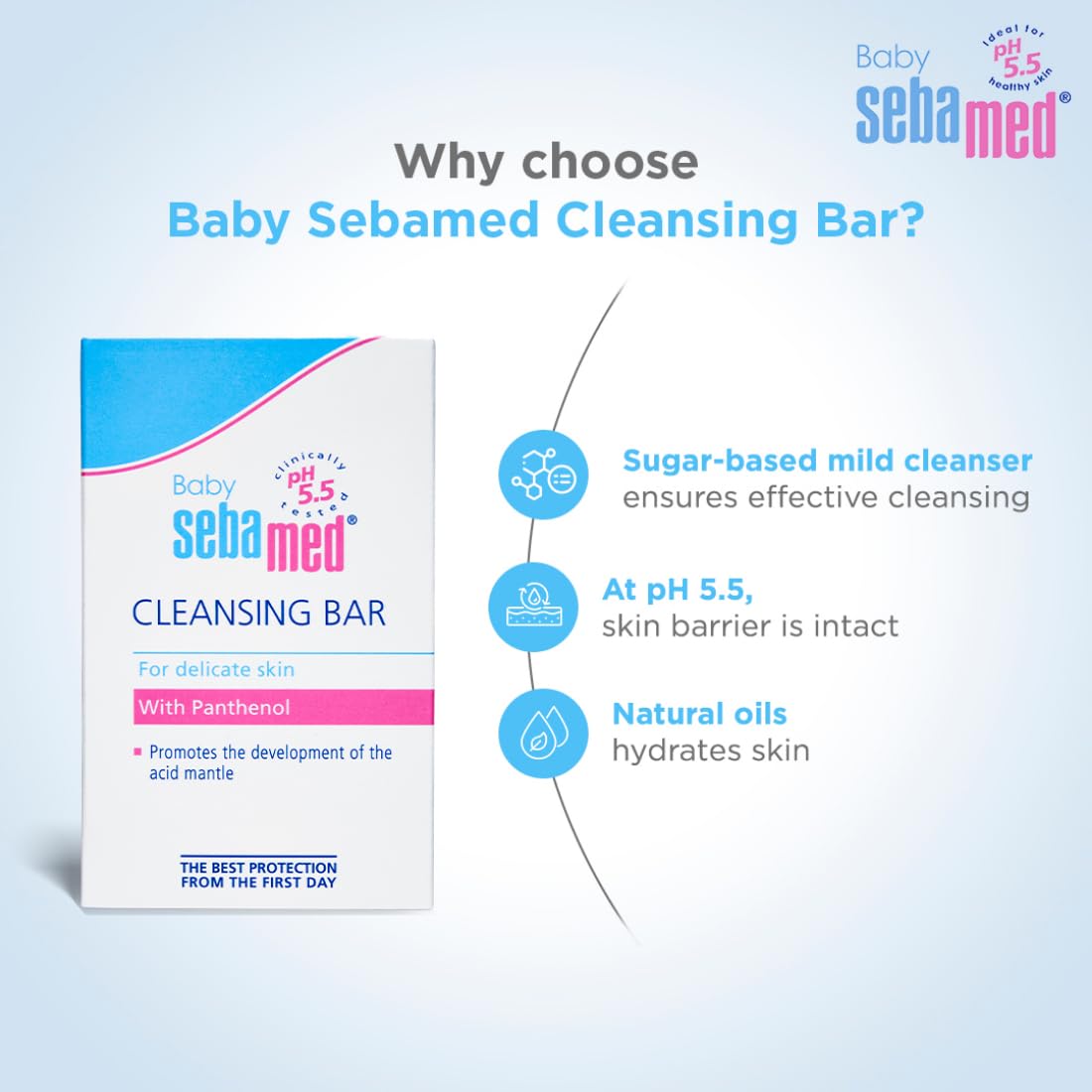 Baby Sebamed Cleansing Bar packaging with benefits on a light blue background