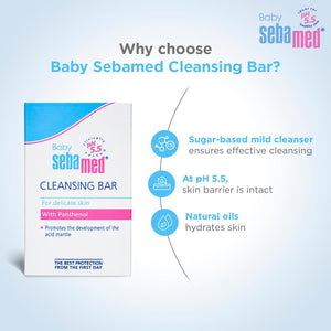 Baby Sebamed Cleansing Bar packaging with benefits on a light blue background