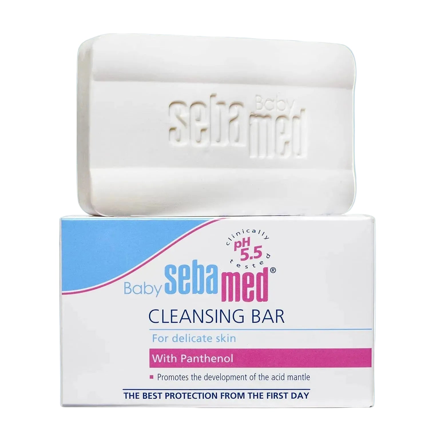 Baby Sebamed cleansing bar with packaging on a white background