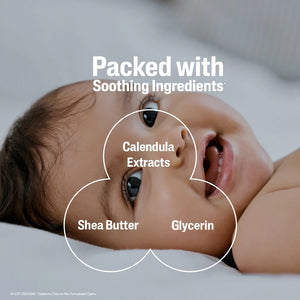 Baby lying down with text indicating soothing ingredients like Calendula Extracts, Shea Butter, and Glycerin. Cetaphil Baby Advanced Protection Cream 85g go littles product image 4