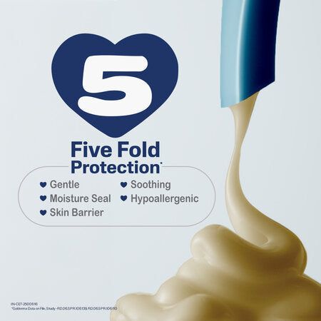 Five Fold Protection logo with a product being applied, on a light blue background. Cetaphil Baby Daily Lotion with Organic Calendula go littles product image 4
