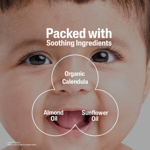 Baby's face with text indicating soothing ingredients like Organic Calendula, Almond Oil, and Sunflower Oil. Cetaphil Baby Daily Lotion with Organic Calendula go littles product image 5