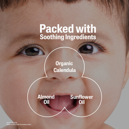 Baby's face with text indicating soothing ingredients like Organic Calendula, Almond Oil, and Sunflower Oil. Cetaphil Baby Daily Lotion with Organic Calendula go littles product image 5