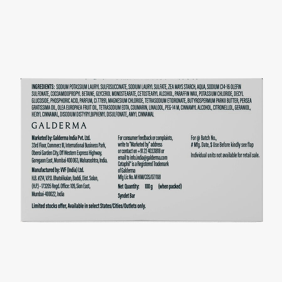 Back label of a Galderma product with ingredient list and contact information. Cetaphil Baby Mild Bar 100g go littles product main image 6