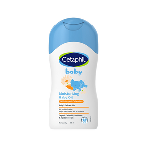 Cetaphil baby moisturizing baby oil bottle on a white background. Cetaphil Baby Moisturising Oil 200ml go littles product main image