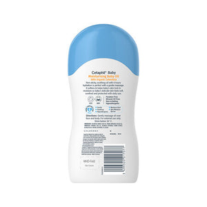 Back view of a baby lotion bottle with blue cap and white label on a white background. Cetaphil Baby Moisturising Oil 200ml go littles product main image 2