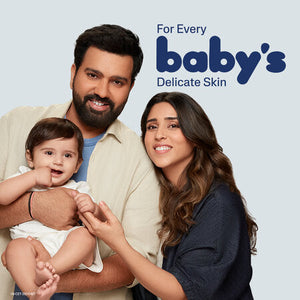 Family with a baby on a light blue background with text 'For Every Baby's Delicate Skin'. Cetaphil Baby Moisturising Oil 200ml go littles product main image 3
