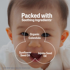 Baby's face with text indicating soothing ingredients like Organic Calendula, Sunflower Seed Oil, and Jojoba Seed Oil. Cetaphil Baby Moisturising Oil 200ml go littles product main image4