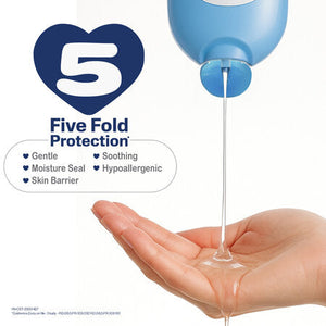 Hand holding a blue bottle with 'Five Fold Protection' text and features listed. Cetaphil Baby Moisturising Oil 200ml go littles product main image 5