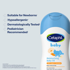 Cetaphil baby moisturizing oil bottle with product features on a light blue background Cetaphil Baby Moisturising Oil 200ml go littles product main image 7