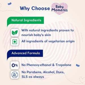 Baby Moments product description highlighting natural ingredients and advanced formula features on a light background. Chicco Baby Moments Essential Set Gift Set for Babies 0M+ Blue go littles product image 4