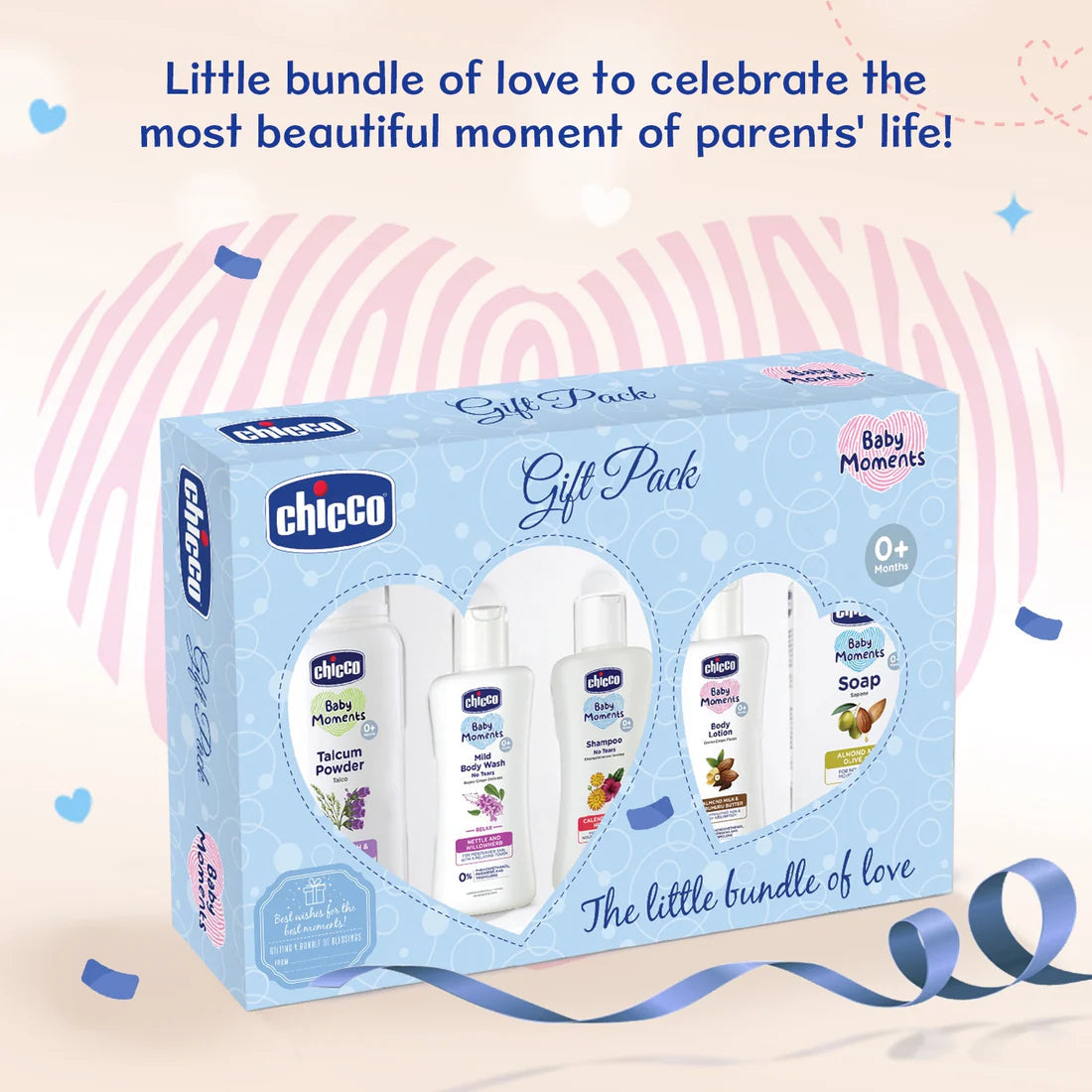 Chicco baby care gift pack with products on a decorative background. Chicco Baby Moments Essential Set Gift Set for Babies 0M+ Blue go littles product image 6