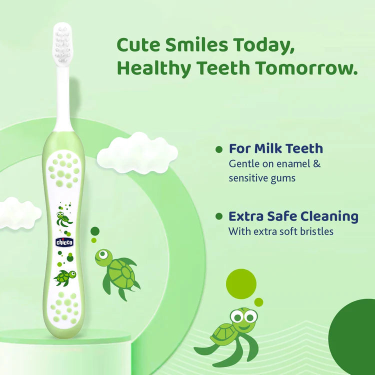 Children's toothbrush with turtle design on a green background, featuring text about dental care. Chicco Toothbrush Green 6M to 36M go littles product image 4