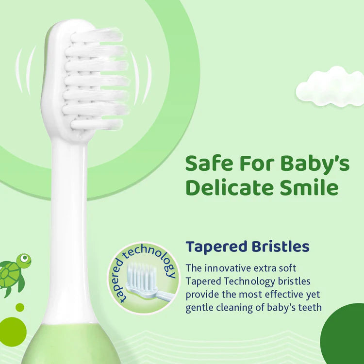 Baby toothbrush with tapered bristles on a green background. Chicco Toothbrush Green 6M to 36M go littles product image 5