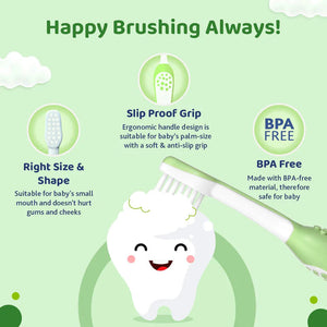 Baby toothbrush with features highlighted on a green background. Chicco Toothbrush Green 6M to 36M go littles product image 6