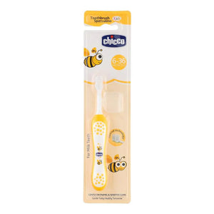 Chicco children's toothbrush packaging with a bee design on a white background. Chicco Toothbrush Yellow 6M-36M go littles product image 2