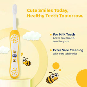 Children's toothbrush with bee design on a yellow background, featuring text about dental care. Chicco Toothbrush Yellow 6M-36M go littles product image 3