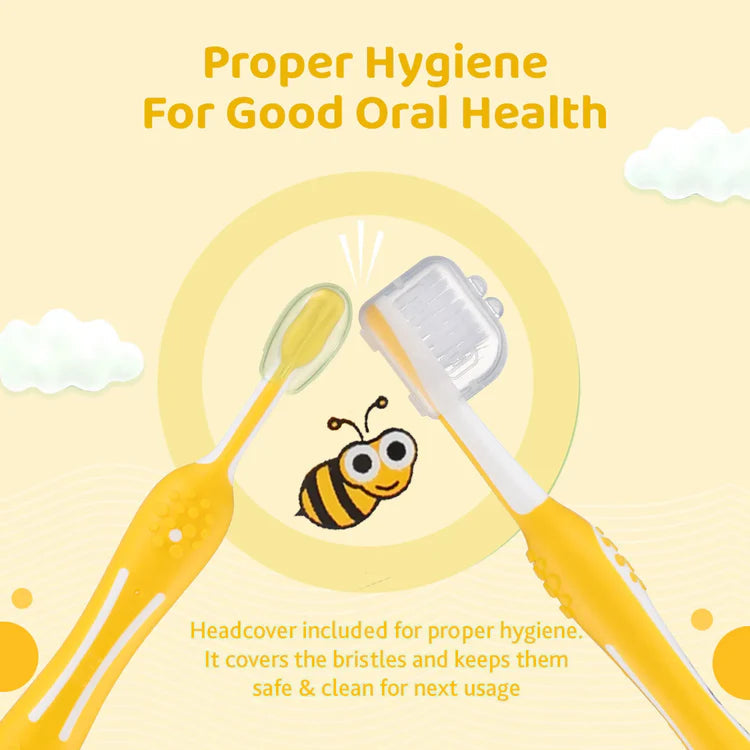 Illustration of a yellow toothbrush and white headcover with text about proper hygiene for good oral health on a yellow background. Chicco Toothbrush Yellow 6M-36M go littles product image 6