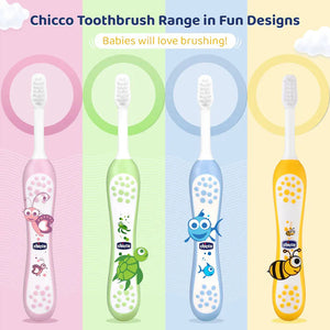 Four Chicco toothbrushes with colorful handles and animal designs on a gradient background. Chicco Toothbrush Yellow 6M-36M go littles product image 7