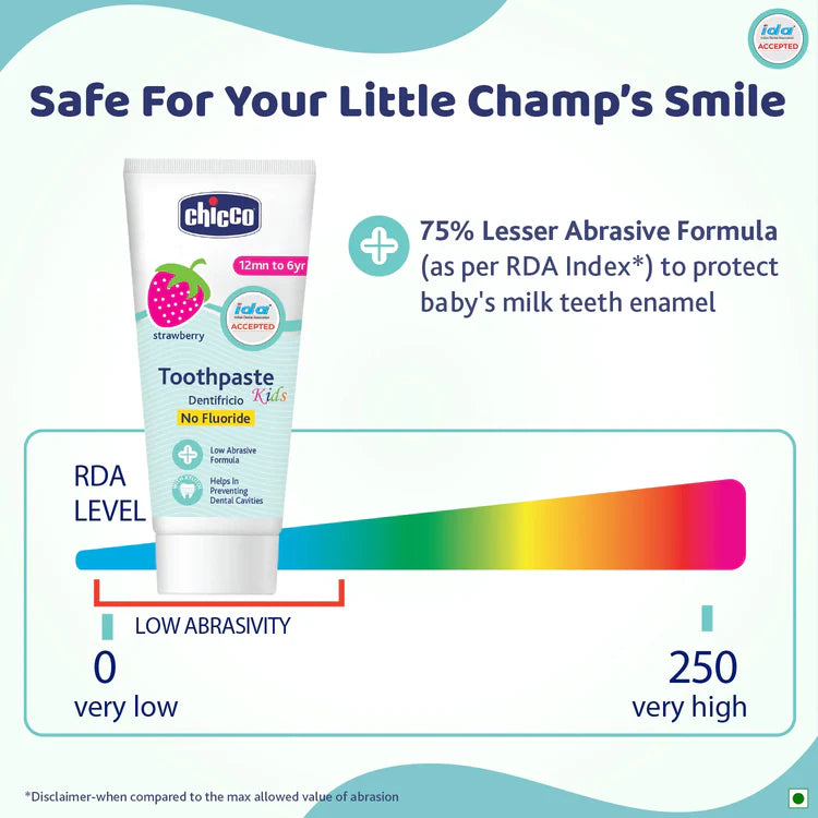 Chicco toothpaste tube with abrasivity scale and text on a light blue background. Chicco Toothpaste Strawberry Flavor 12 M to 6y 50 g go littles product image 5