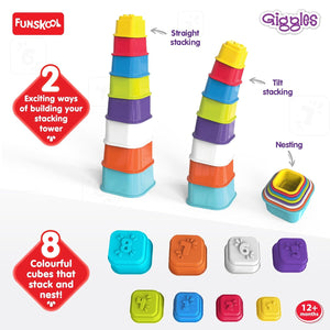 Colorful stacking cubes with Funskool and Giggles branding on a white background