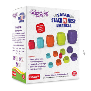 Funskool Giggles - Safari Stack N Nest Barrels, Multi-Colour Stacking Barrels at go littles product image 2. Box of Giggles Safari Stack N Nest Barrels toy set on a white background