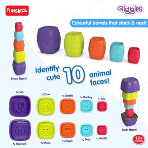 Funskool Giggles - Safari Stack N Nest Barrels, Multi-Colour Stacking Barrels at go littles product image 3. Colorful barrels with animal face indentations and stacking instructions on a white background.