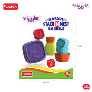Funskool Giggles - Safari Stack N Nest Barrels, Multi-Colour Stacking Barrels at go littles product image 4. Packaging of Funskool Giggles Safari Stack N Nest Barrels with colorful barrels on a white background.