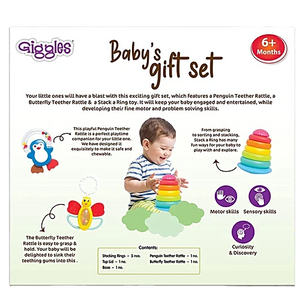 Giggles baby's gift set packaging with a baby playing with toys.  Funskool Giggles Baby's Gift Set at Go Littles product image 