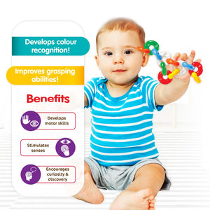 Baby holding a colorful toy with text highlighting benefits on a white background. Funskool Giggles Chain Links at Go Littles product image 2
