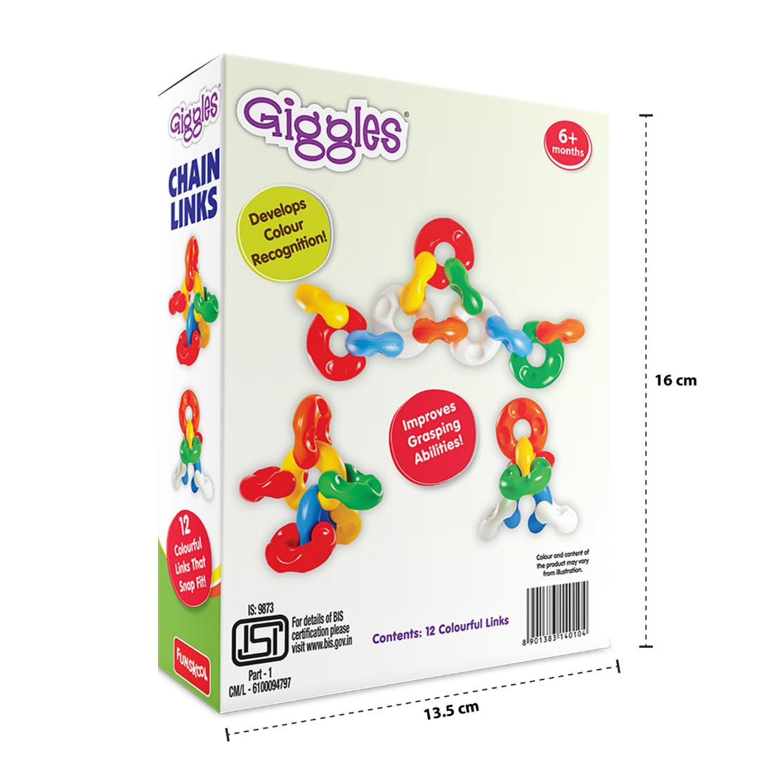 Giggles Chain Links toy packaging with colorful links and text on a white background. Funskool Giggles Chain Links at Go Littles product image 4