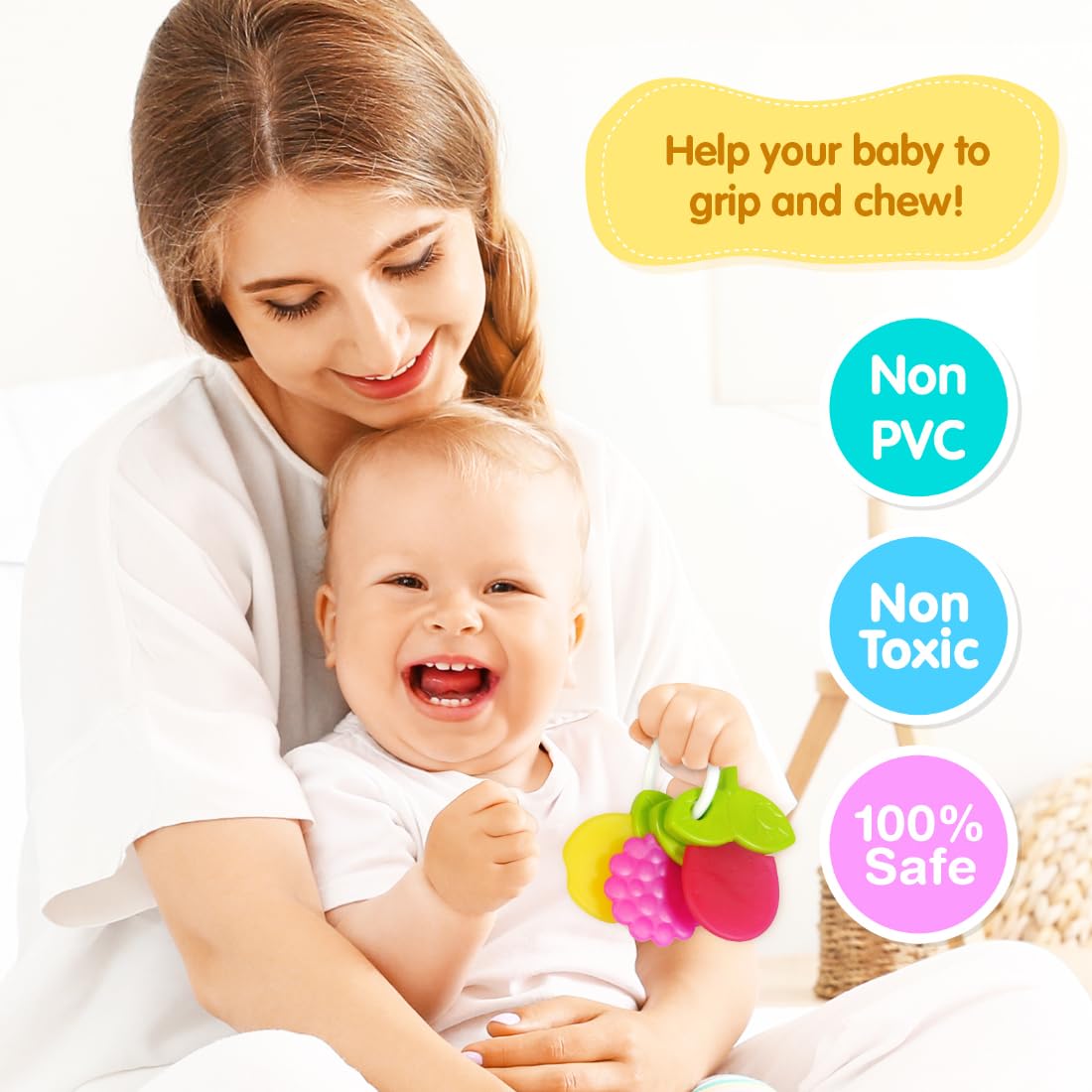 Funskool Giggles Fruit Teether at Go Littles product image 2. Mother holding a baby with a colorful toy, promoting its safety and benefits.