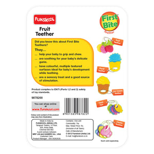 Funskool Giggles Fruit Teether at Go Littles product image 3. Package of Funskool Fruit Teether with colorful illustrations and text.