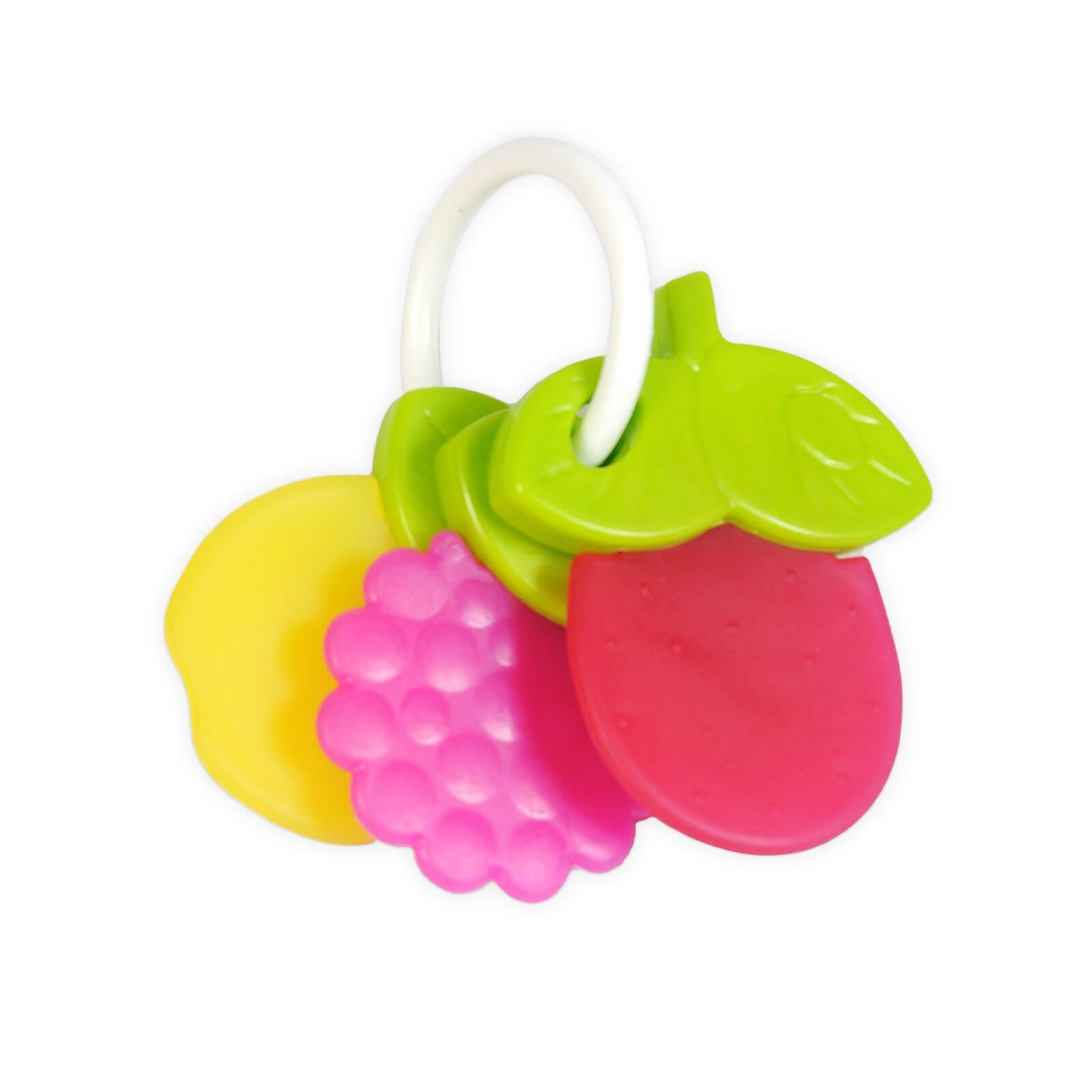 Funskool Giggles Fruit Teether at Go Littles product image 4. Colorful silicone teether with a white background