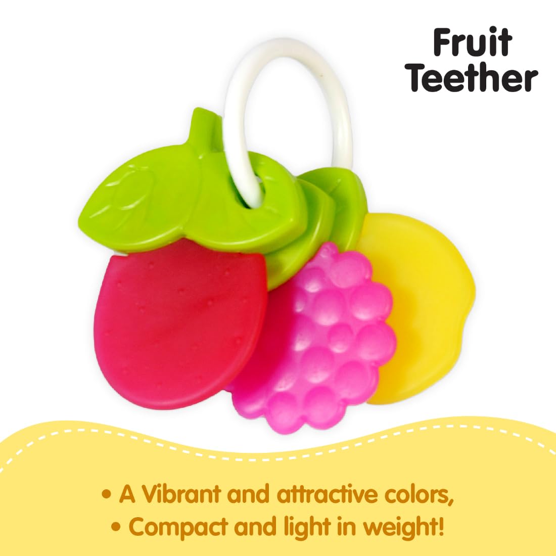 Funskool Giggles Fruit Teether at Go Littles product image 6. Fruit-themed teether with green, pink, and yellow colors on a white background
