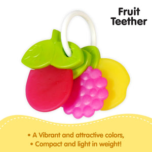 Funskool Giggles Fruit Teether at Go Littles product image 6. Fruit-themed teether with green, pink, and yellow colors on a white background