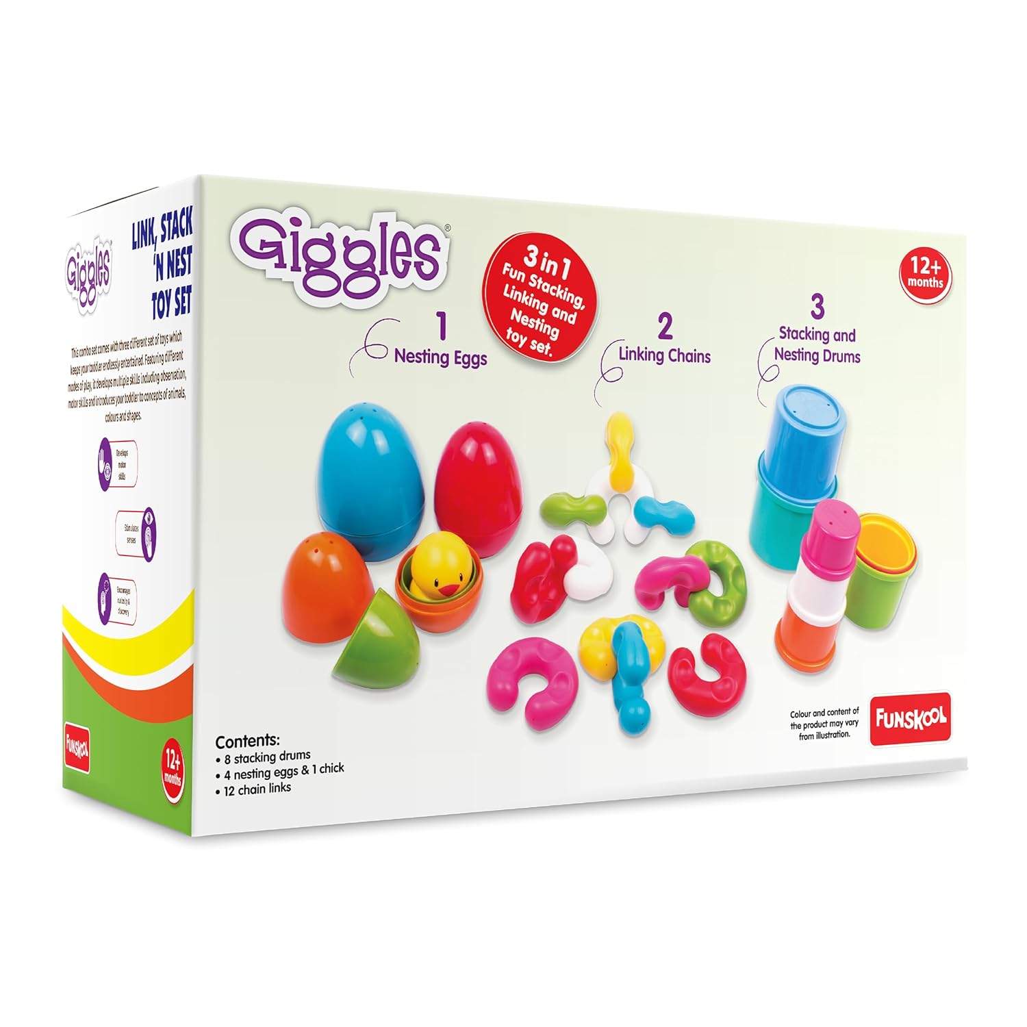 Funskool Giggles Link Stack N Nest Toy Set at go littles product image 2. Giggles toy set packaging with colorful links and nesting eggs on a white background