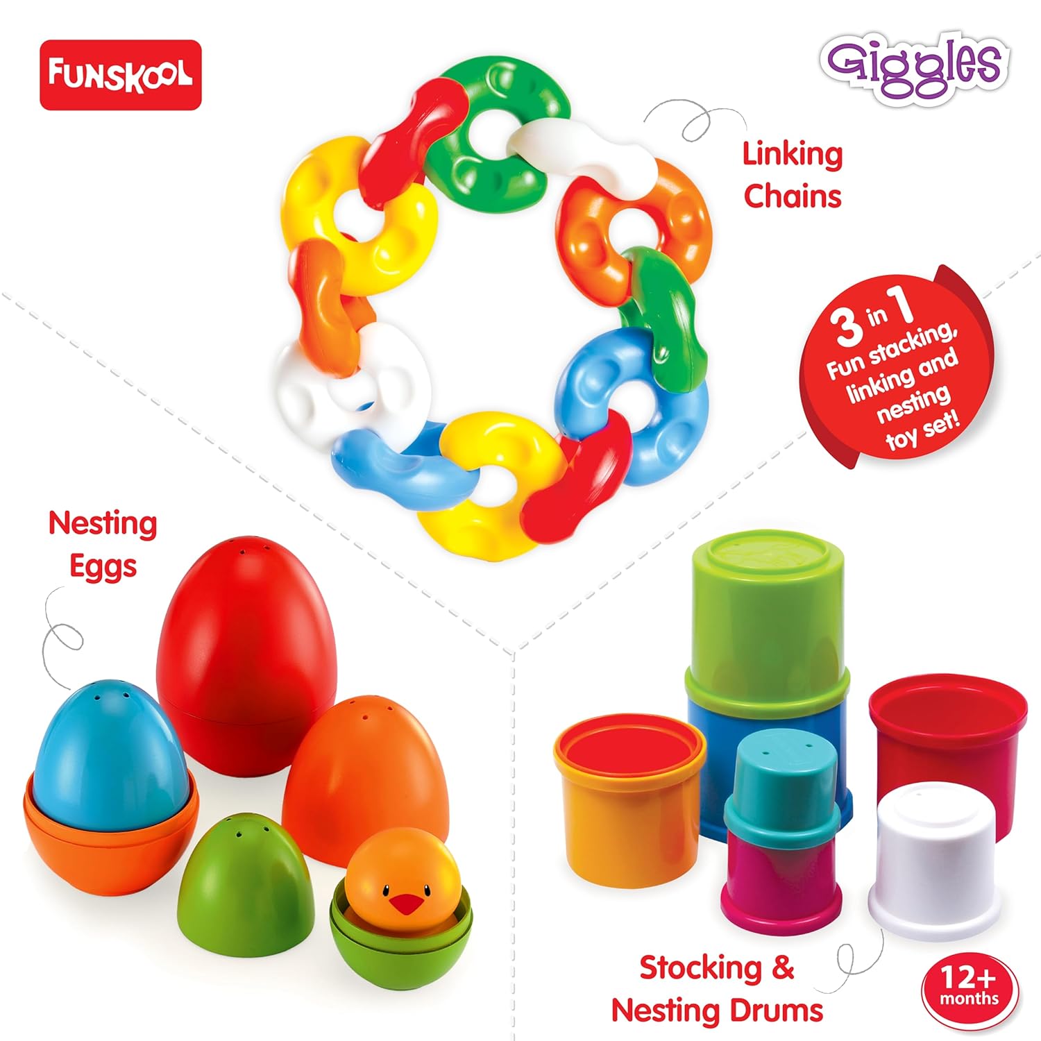 Funskool Giggles Link Stack N Nest Toy Set at go littles product image 3. Colorful toy set with linking chains, nesting eggs, and stocking & nesting drums on a white background.