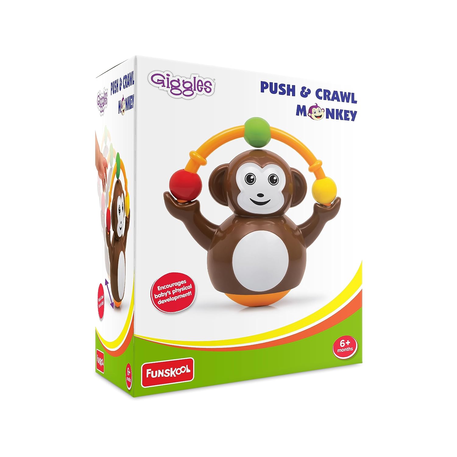Funskool Giggles Push N Crawl Monkey at Go Littles product image 1. Giggles Push & Crawl Monkey toy packaging on a white background