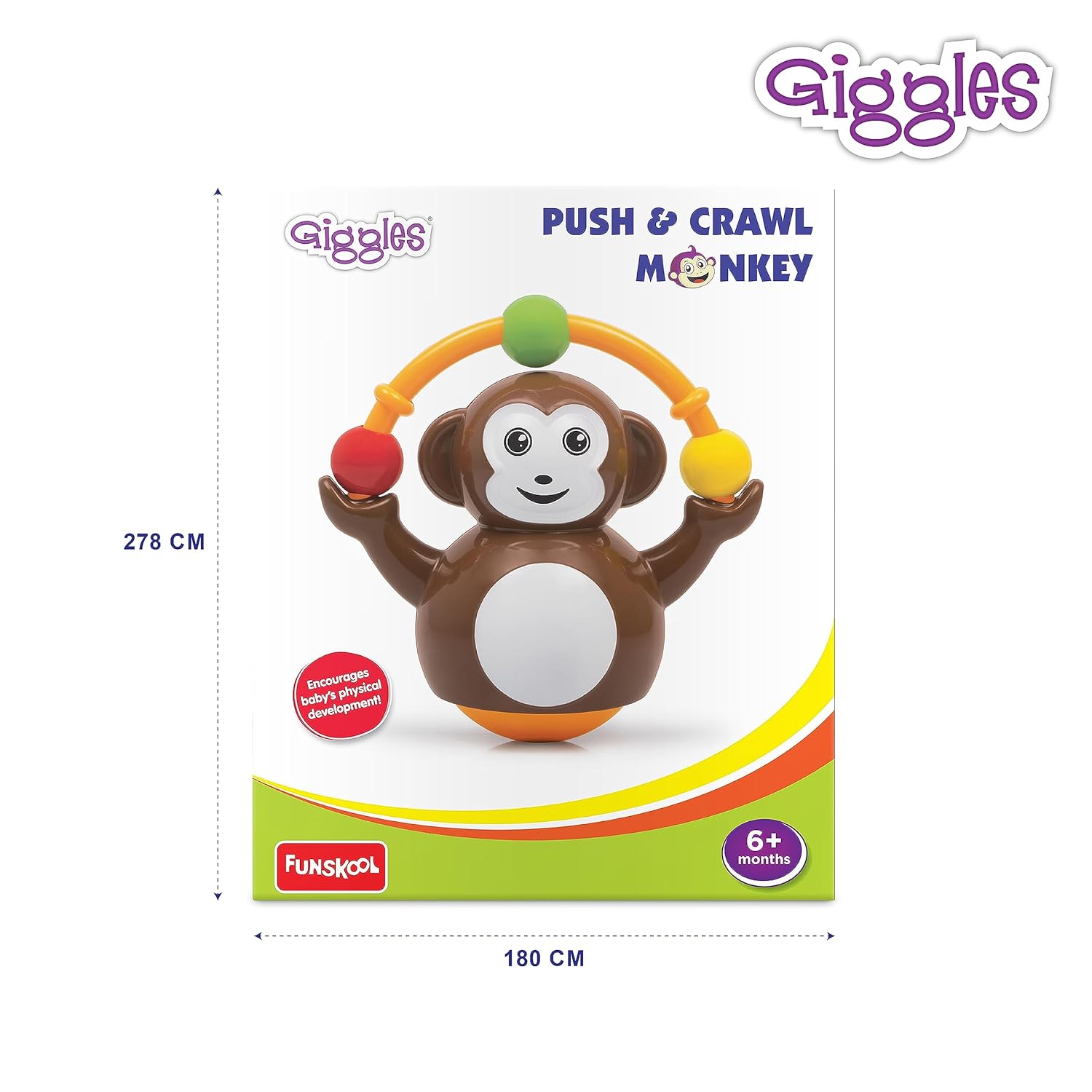 Funskool_Giggles_Push_N_Crawl_Monkey_at_Go_Littles_product_image_5.Giggles Push & Crawl Monkey toy packaging on a white background