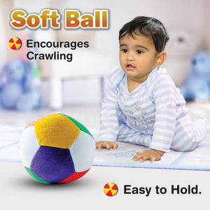 Funskool Giggles Soft Ball at Go Littles product image 2. Baby sitting next to a soft ball with text indicating it encourages crawling and is easy to hold.