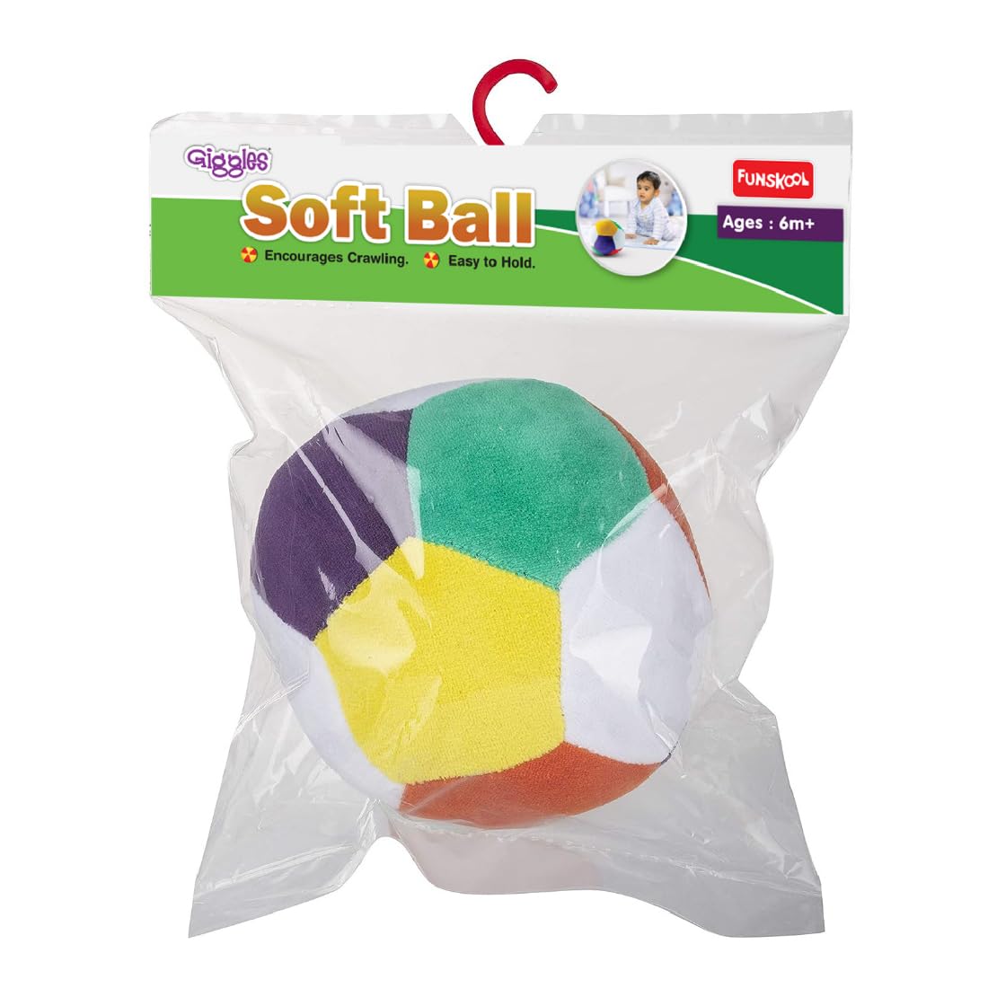 Funskool Giggles Soft Ball at Go Littles product image 4. Colorful soft ball in packaging. with Giggles branding on a white background
