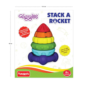 Funskool Giggles Stack A Rocket at go littles product image 2. Colorful stackable toy rocket on Funskool packaging with product details.