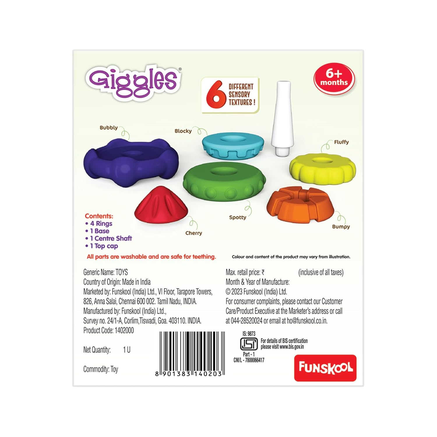 Funskool Giggles Stack A Rocket at go littles product image 3. Back of a Giggles toy packaging with colorful rings and Funskool branding.