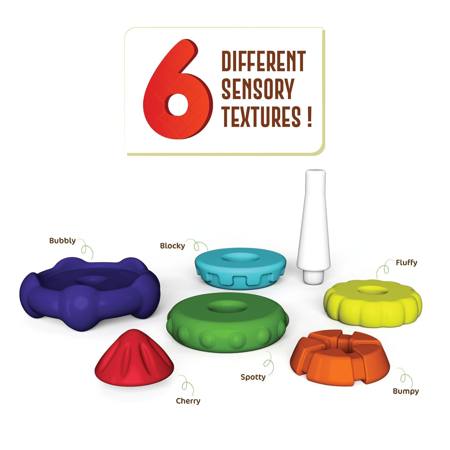 Funskool Giggles Stack A Rocket at go littles product image 4. Set of colorful sensory toys with various textures on a white background